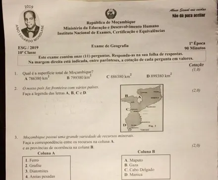 Exame de Geografia, 10ª classe