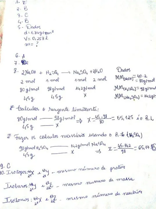 Exemplo de um exame de Química resolvido à mão